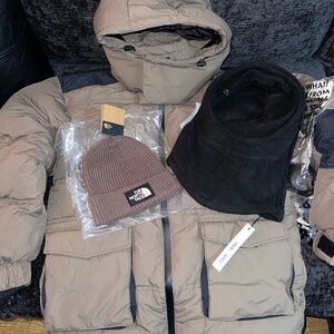 Ski snow set - puffer coat jacket, north face hat and fleece snood